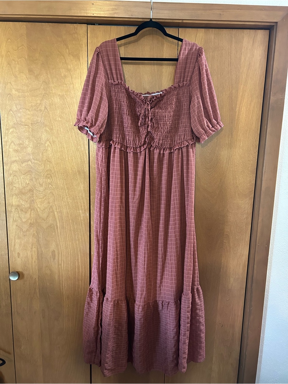 Smocked Square-Neck Midi Dress in Dusty Rose